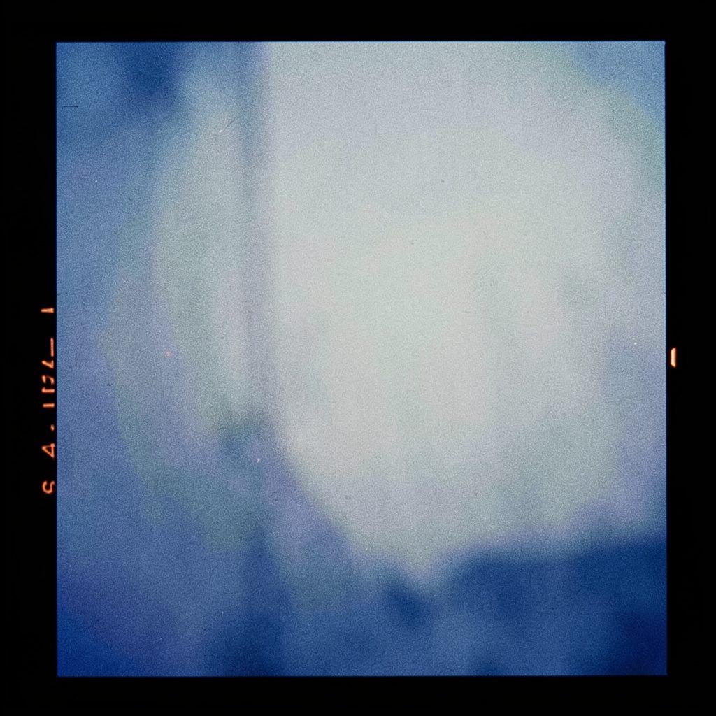 Analog film photograph of paper stamped with apple shapes, pale blue background.